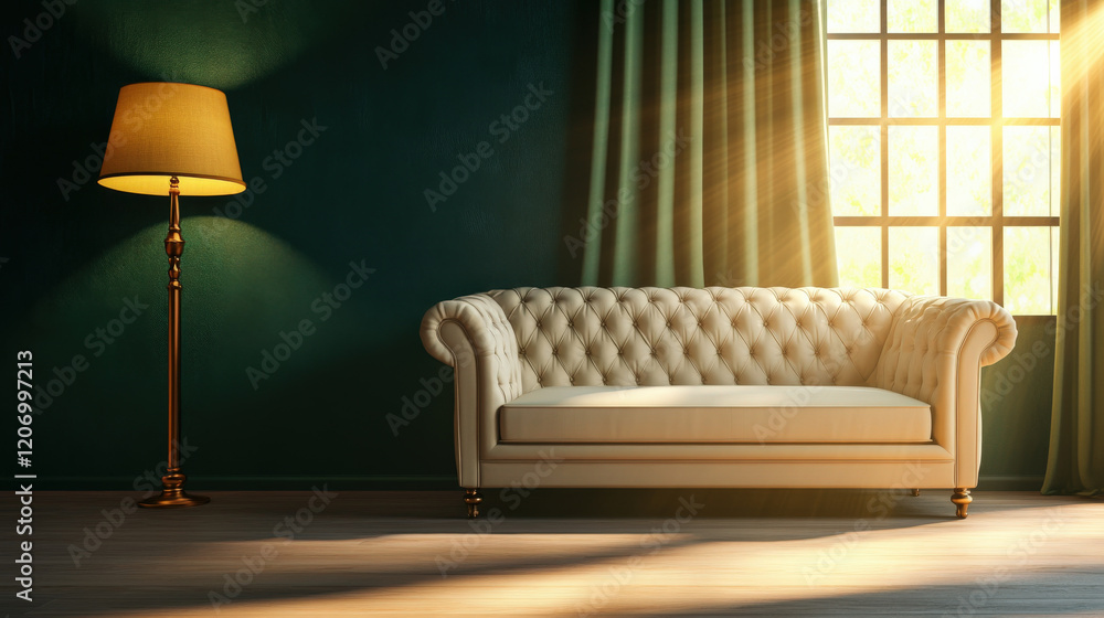Poster elegant designer sofa in spacious living room with floor lamp and sunlight streaming through window,