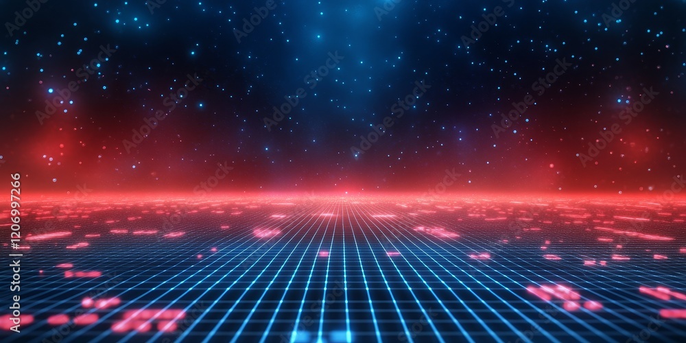 Aufkleber futuristic red and blue grid landscape with glowing particles.