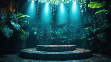 Enigmatic Tropical Stage: Mystical Platform in Lush Jungle Setting
