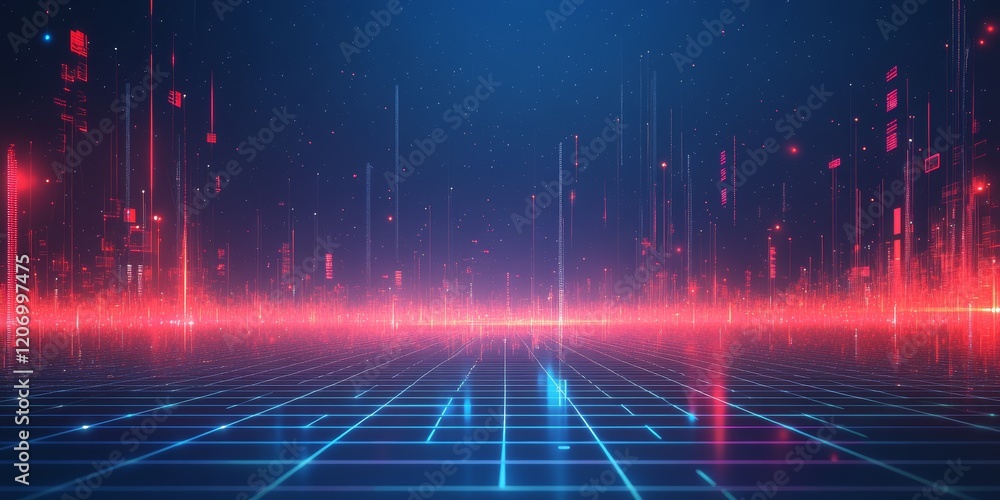 Aufkleber abstract futuristic cityscape with glowing red and blue lines on a grid.