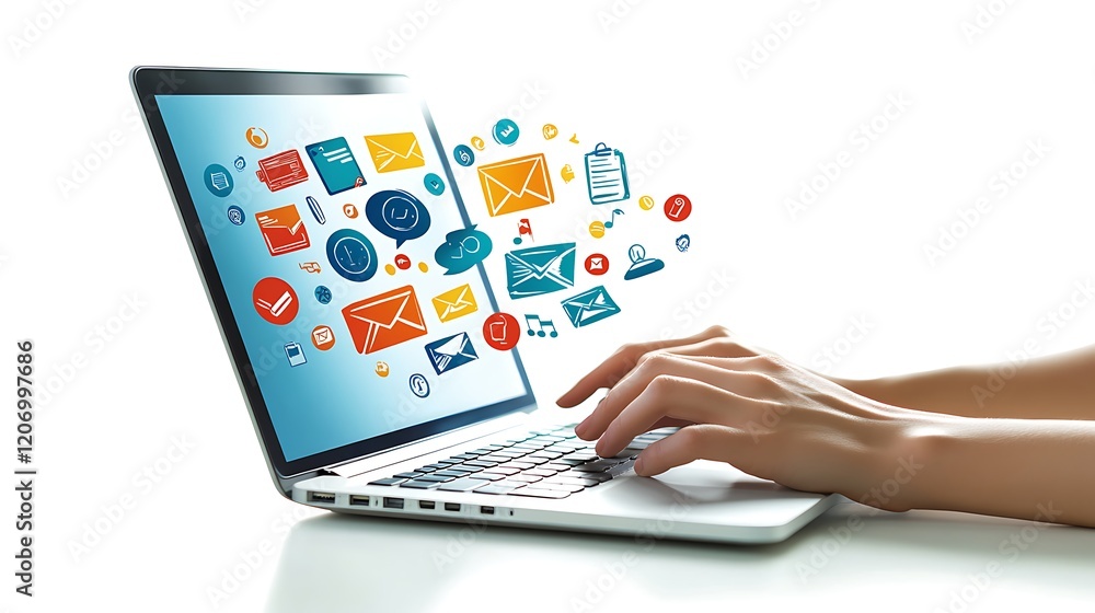 Poster a person using a laptop computer with hologram icons