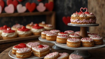 Cupcakes with icing . Three tiered stands display decorated cakes and cookies.