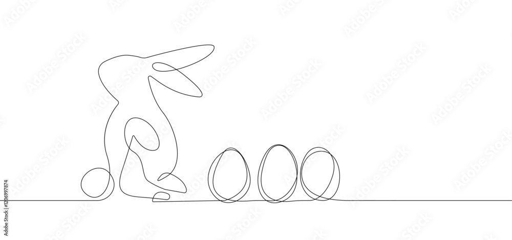 Poster continuous one line drawing of easter bunny with eggs. easter rabbit in simple linear style for spri