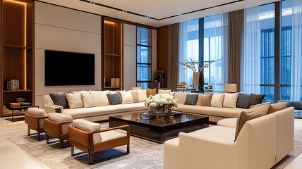 A contemporary living room with a chic and inviting sofa set against a backdrop of modern interior design