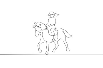 Woman Jockey Continuous One Line Drawing. Female on Horse Riding Creative Contemporary Abstract Line Art Drawing. Female Jockey, Vector Minimalist Outline Art for Trendy Design