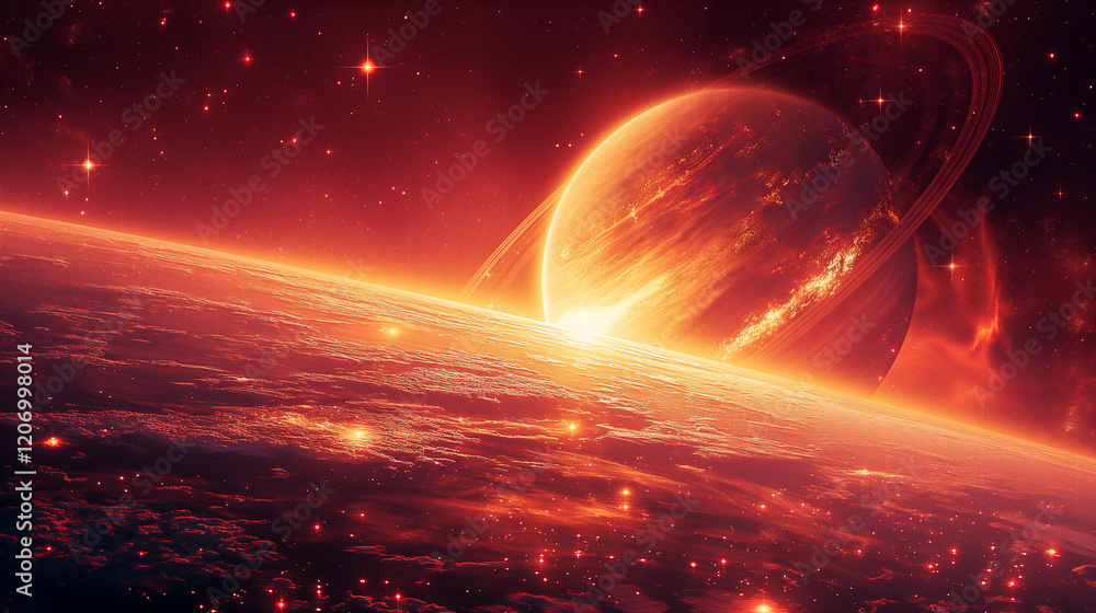 Canvas Prints cosmic landscape with rings around a planet and a glowing sun backdrop. generative ai
