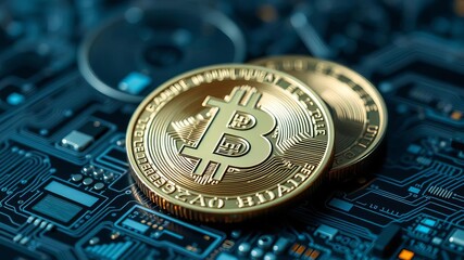 Close up shot of a single bitcoin cryptocurrency coin, digital, bitcoin, technology