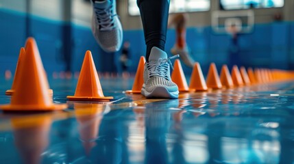 A Determined Athlete Navigates Cones with Precision and Focus in Training Drill