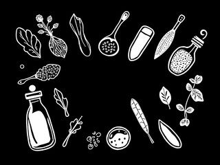 Condiment and herbs icons set outline set of vector symbols for seasoning and flavoring, black and white, seasoning, design