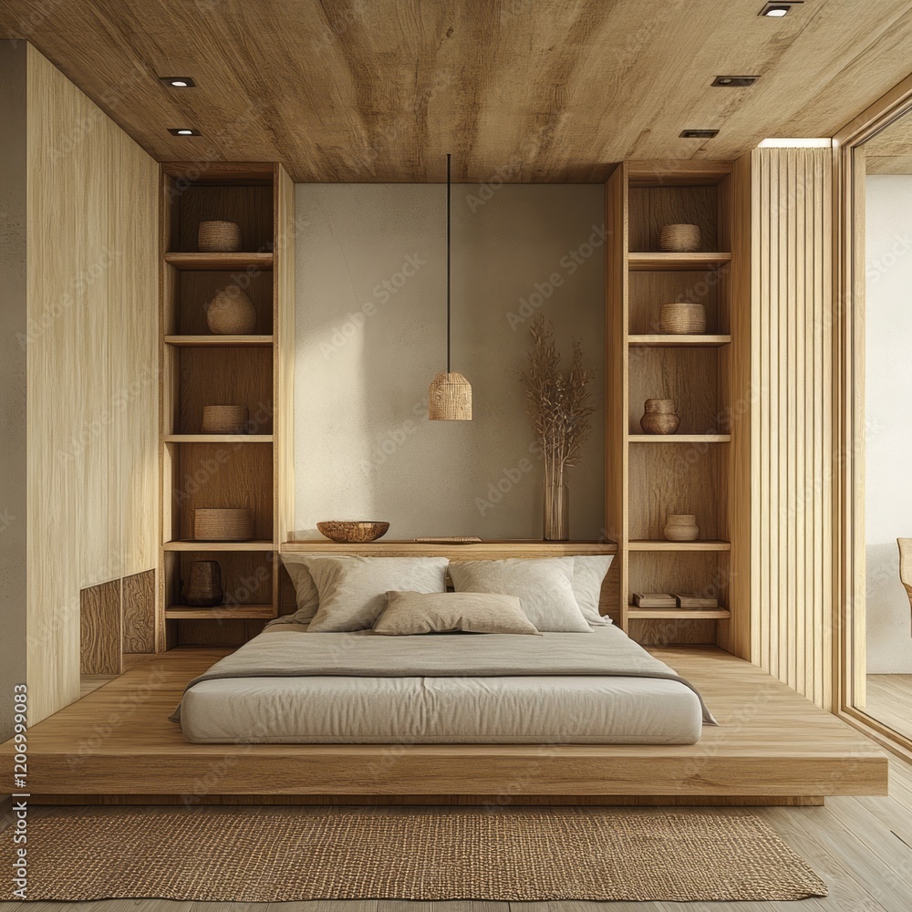 Wall mural Minimalist Wooden Bedroom With Platform Bed And Built In Shelving