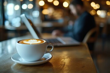 Cozy Coffee Shop Ambiance with Latte Art and Blurred Background of Person Working on Laptop