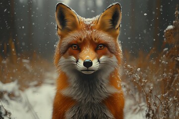 A vibrant red fox standing in a snowy forest. Generative AI