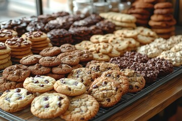 A table filled with an assortment of homemade cookies, from chocolate chip to sugar. Generative AI