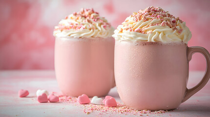A Valentine's Day hot chocolate bar setup with heart-shaped marshmallows