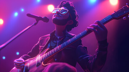 Musician Playing The Guitar Under Bright Stage Lights. 3D cartoon character illustration, high definition