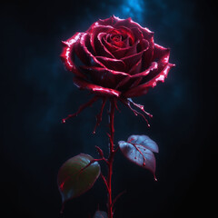 Dramatic Glowing Red Rose with Dew Against Dark Background