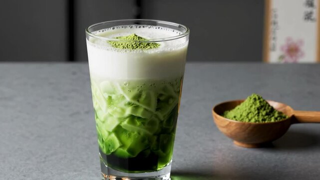 Iced matcha latte served in a glass with layered green tea and milk, accompanied by matcha powder and a bamboo whisk

