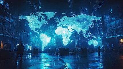 Abstract Digital World Map Projection in High-Tech Warehouse Environment with Blue Light Effects and Data Visualizations