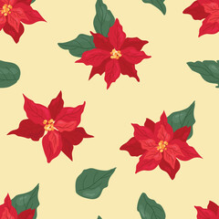Obraz premium Seamless pattern with Christmas poissetia flowers. Design for fabric, textiles, wallpaper, packaging. 