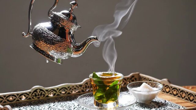 Traditional Moroccan mint tea served in a glass with fresh mint leaves and a silver teapot

