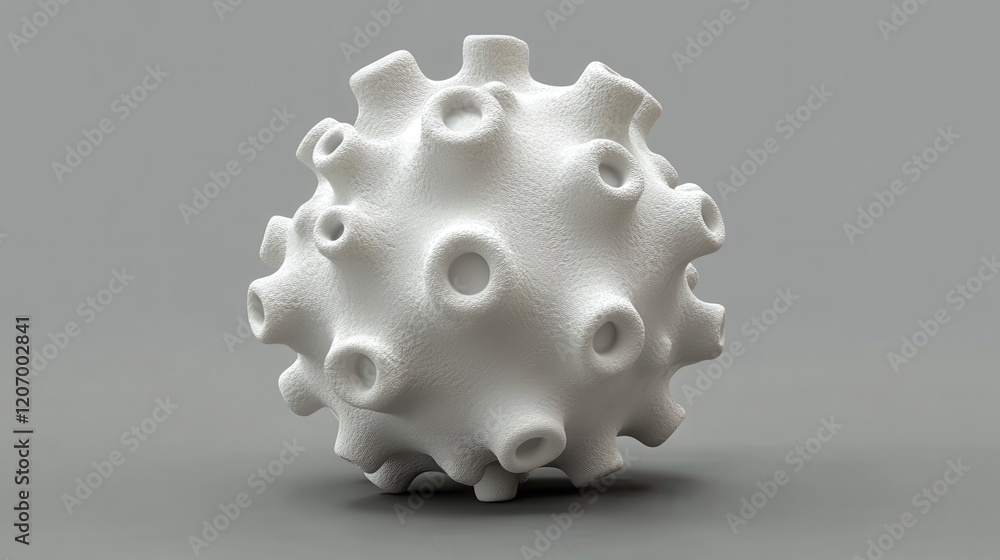 Poster abstract 3d model of a white textured sphere with protrusions and holes, representing microscopic bi