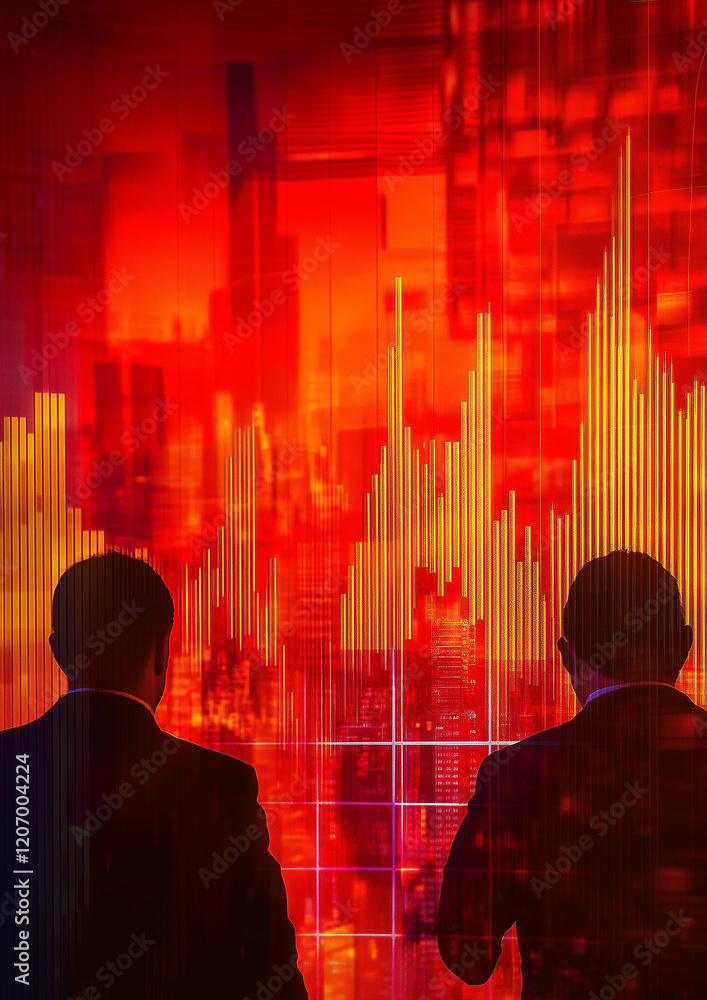 Poster a stock graph with a sharp decline, showing red arrows, while two businessmen look stressed, observi
