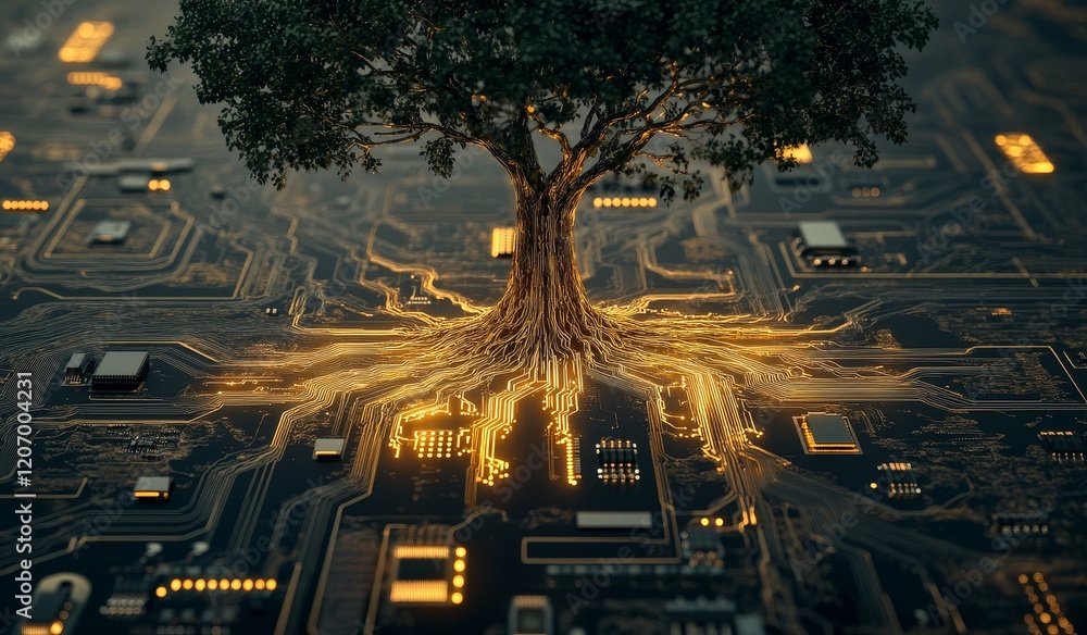Poster Glowing tree roots embedded in circuit board.
