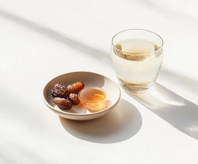 Enjoying a sweet snack of dates and honey with a refreshing drink in a softly lit setting