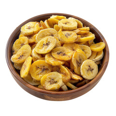crispy and sweet banana chips piled high in a rustic wooden bowl ready for a tasty snack or dessert ingredient