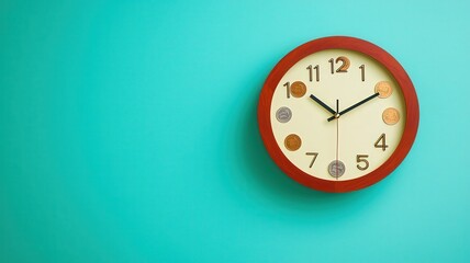 spending savings patterns concept. Colorful wall clock on a turquoise background, showcasing a vintage design and playful hour markers.
