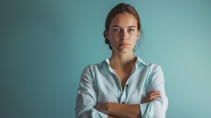 Thoughtful young woman in casual outfit standing with crossed arms against blue background