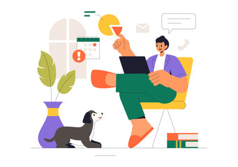 Remote Working Setup Vector Illustration of a Balanced Work Life Environment with Flextime, Emphasizing Flexibility and Productivity from the Home