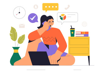 Remote Working Setup Vector Illustration of a Balanced Work Life Environment with Flextime, Emphasizing Flexibility and Productivity from the Home