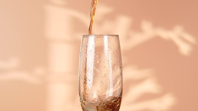 Pouring a carbonated drink into a glass, close up. Cola sparkling drink.