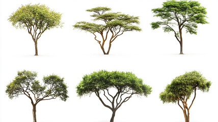 Collection of isolated African acacia trees on a white background. Plant and flower concept