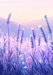 Fototapeta premium A close up field of lavender in bloom fading into a purple mist, with copy space. Warm sunset light. Dreamy purple pink background. 