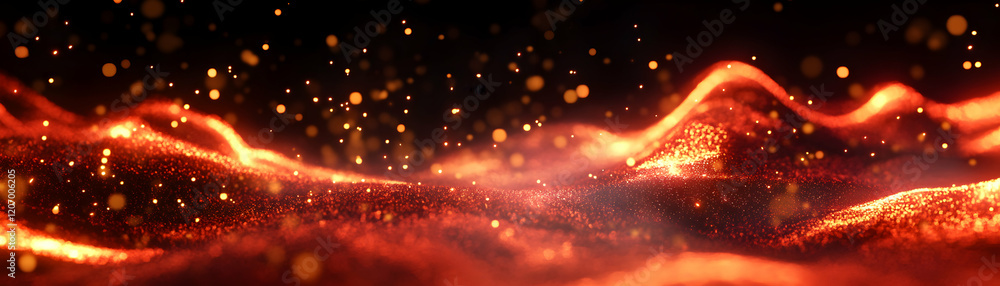 Poster an abstract design featuring waves of vibrant red and orange colors, creating a dramatic and dynamic