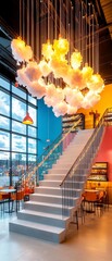 Obraz premium Modern Staircase with Cloud Light Installation in Colorful Interior.