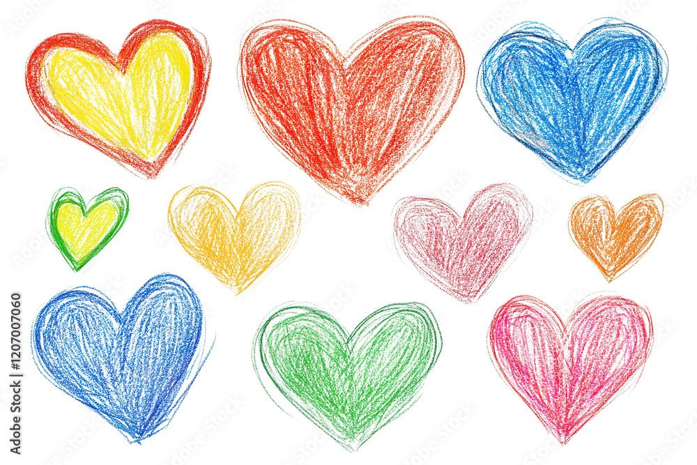 Poster set of sketched multicolored hearts with textured lines, isolated on transparent cutout background