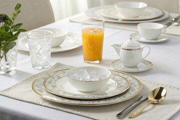 Fototapeta premium An elegant white table set with fine china and a delicate glass of orange juice complete with a few strategically placed ice cubes, sophisticated tablecloth, luxurious atmosphere, formal dining room
