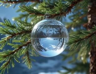 An icy sphere of water balancing on a pine needle, frozen droplet, winter landscape, delicate detail