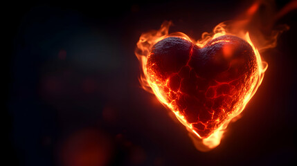 A fiery heart, glowing and vibrant, symbolizes passion, love, and intensity against a dark backdrop, evoking deep emotions.