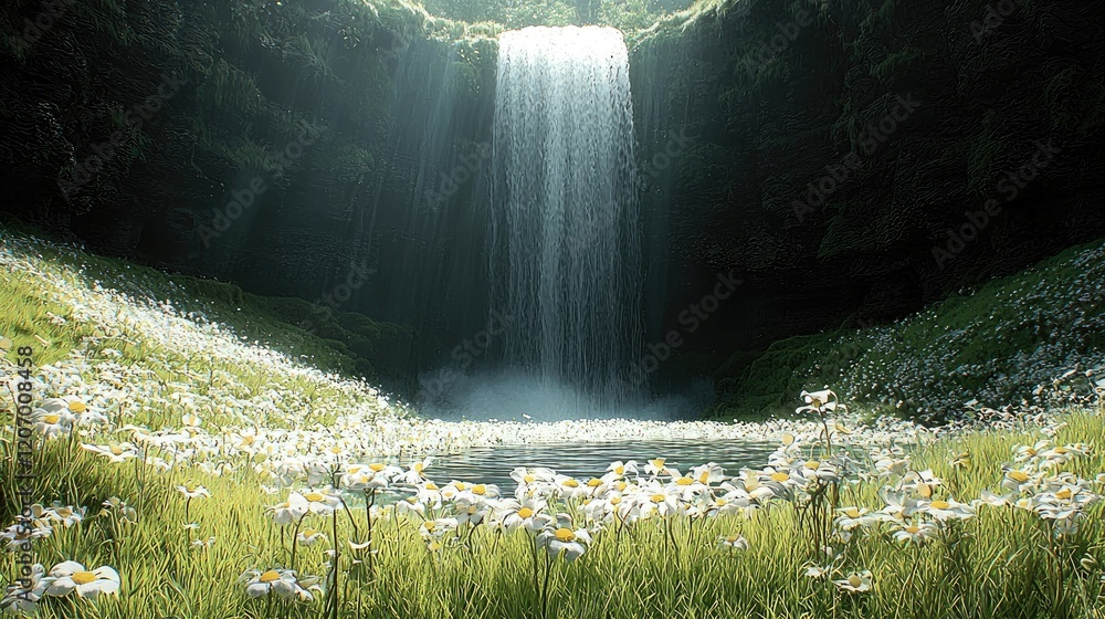 Poster beautiful green grassy hills, waterfall flowing down from high cliffs into an opening below with a l
