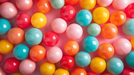 Colorful balls of various sizes are scattered on a pink background.