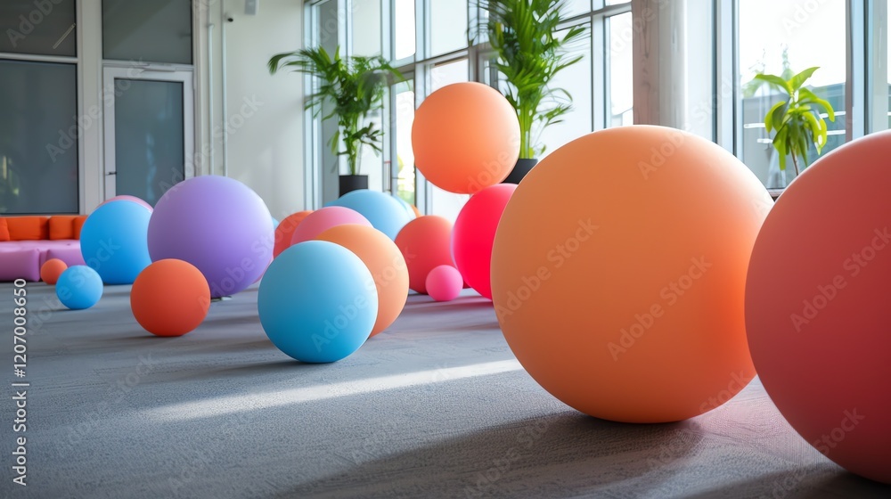 Poster large colorful balls of various sizes placed on the floor in a modern bright room with large windows