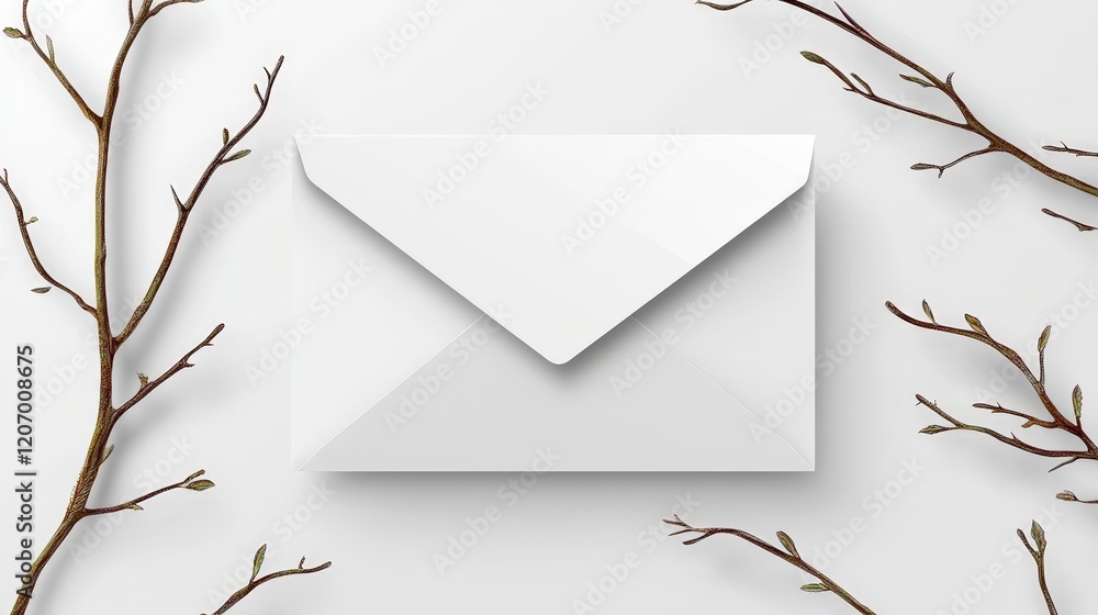 Aufkleber elegant white envelope surrounded by delicate branches creating a serene invitation template for any