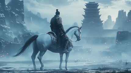 Naklejka premium Ethereal Chinese Ink Illustration: Elegant Knight in Misty Blue Dawn Landscape. Abstract Marketing Background with Refined Watercolor Aesthetics. High-End 8K Design for Posters, Banners, and Digital M