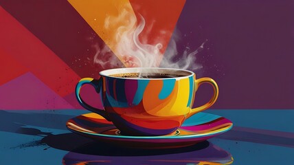 Pop Art Depiction Of A Steaming Coffee Cup With Bold Lines, Bright Colors