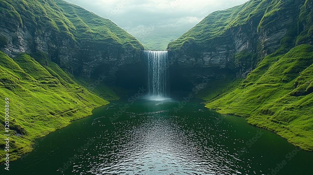 Poster beautiful green grassy hills, waterfall flowing down from high cliffs into an opening below with a l