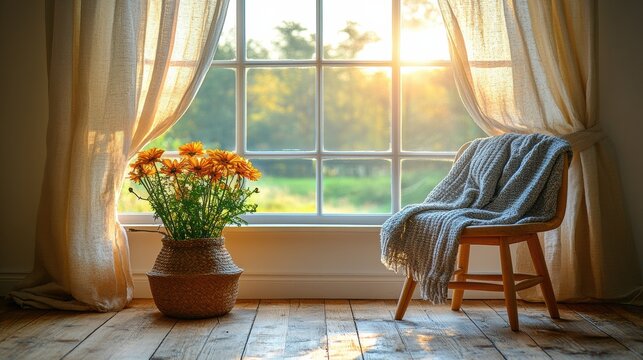 Fototapeta Cozy interior with a chair and flowers by the window at sunset.